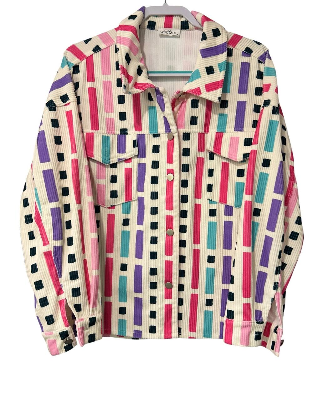 Emily Wonder Geometric Corduroy Shacket Colorblock Dopamine Jacket 1X Artsy